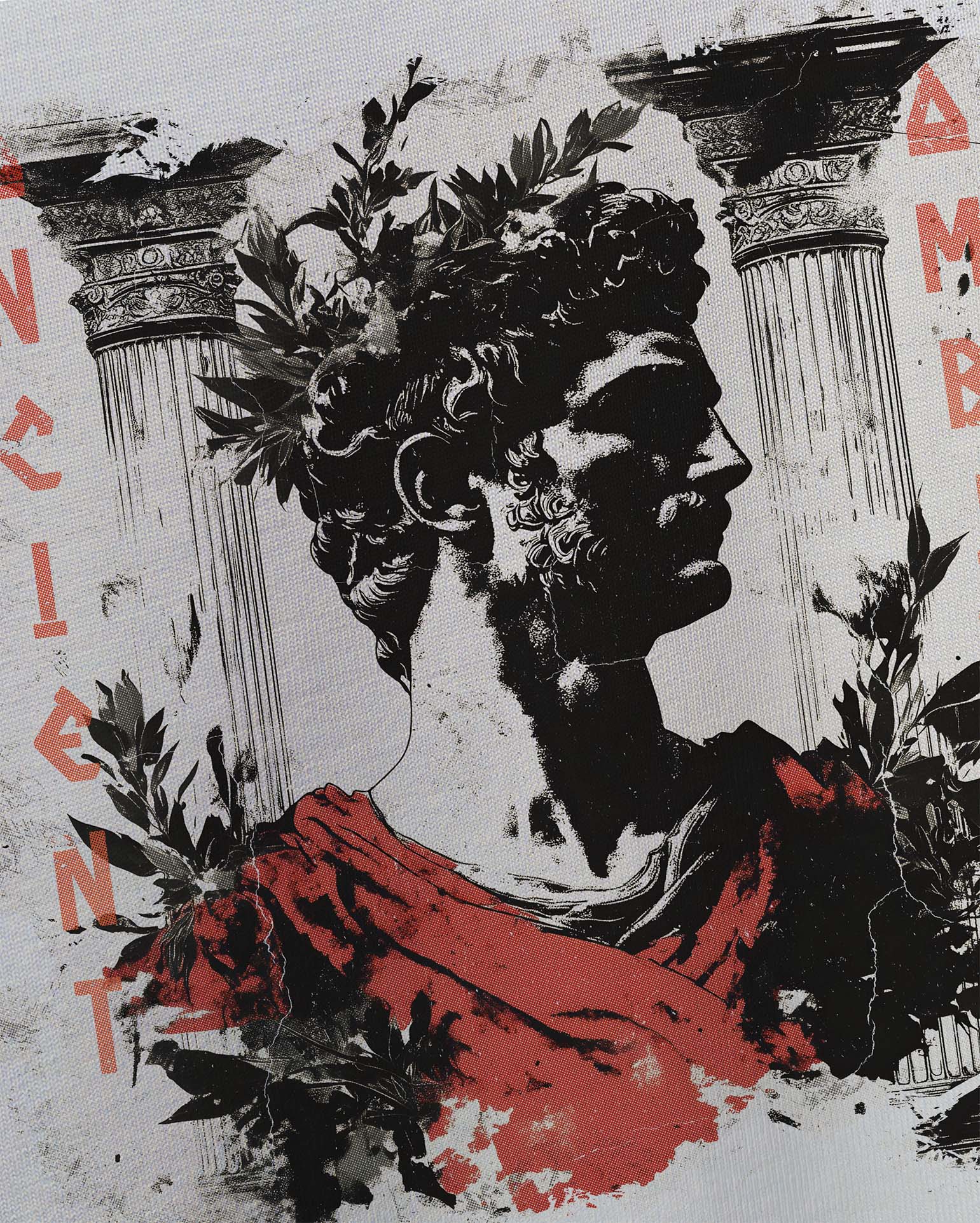 Ancient Ambition Vintage Beyaz Oversize Tişört Tişört sırt baskısının detaylı yakın çekimi. Tasarım, profilden görünen, defne yaprağı taçlı bir Roma heykeli büstünü merkez alıyor. Kırmızı bir pelerin detayı ve arka plandaki antik sütun çizimleri, klasik temayı vurguluyor. Yüksek kontrastlı ve eskitme dokulu baskı, tasarıma güçlü ve sanatsal bir karakter kazandırıyor. -  Faylit