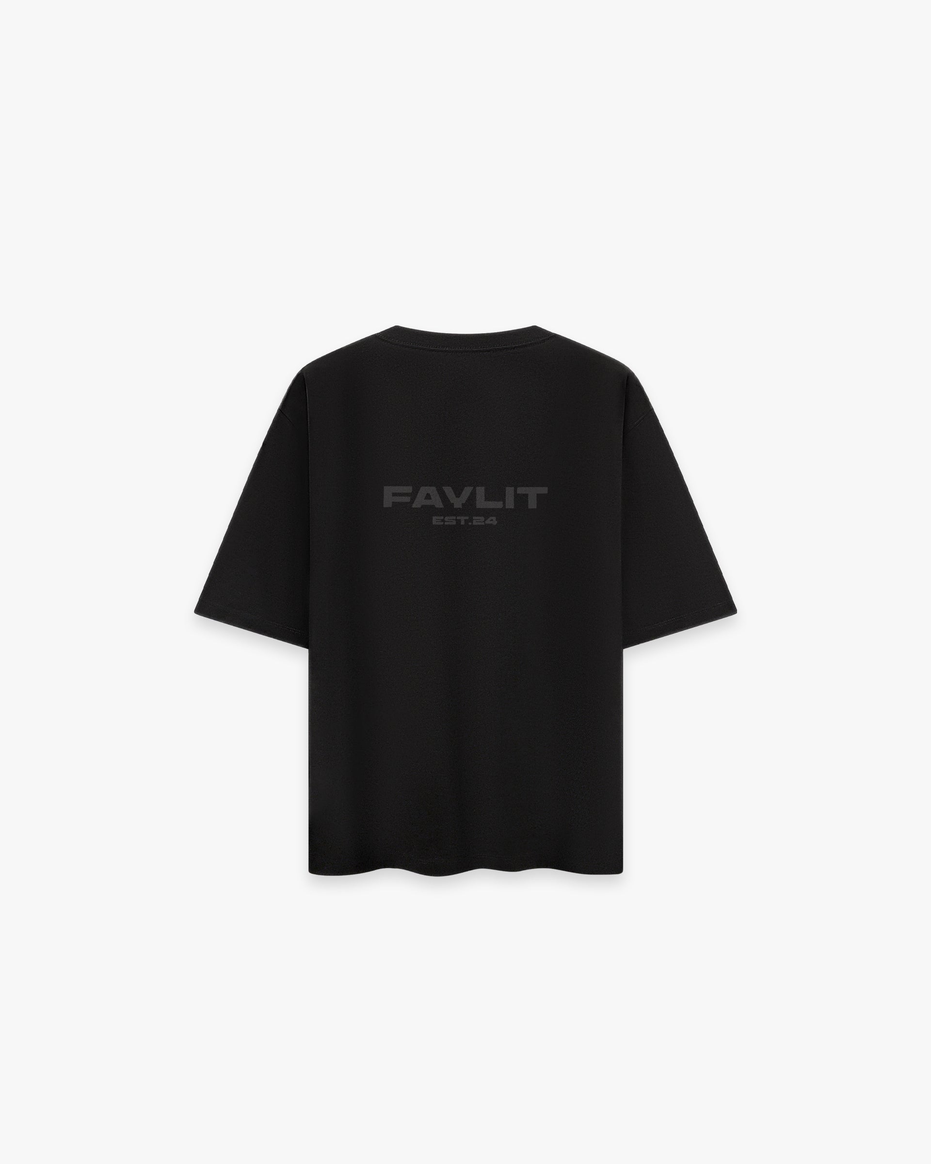 Blackout Kabartma Logo Siyah Oversize Tişört Siyah oversize tişörtün sırt yüzeyinin düz çekim ürün fotoğrafı. Tişörtün sırtında, siyah üzerine siyah, kabartmalı ve parlak bir teknikle "FAYLIT" yazısının altında daha küçük puntolarla "EST. 24" ibaresi basılmıştır. Bu tonal baskı, tişörte minimalist ve zarif bir detay katmaktadır. -  Faylit