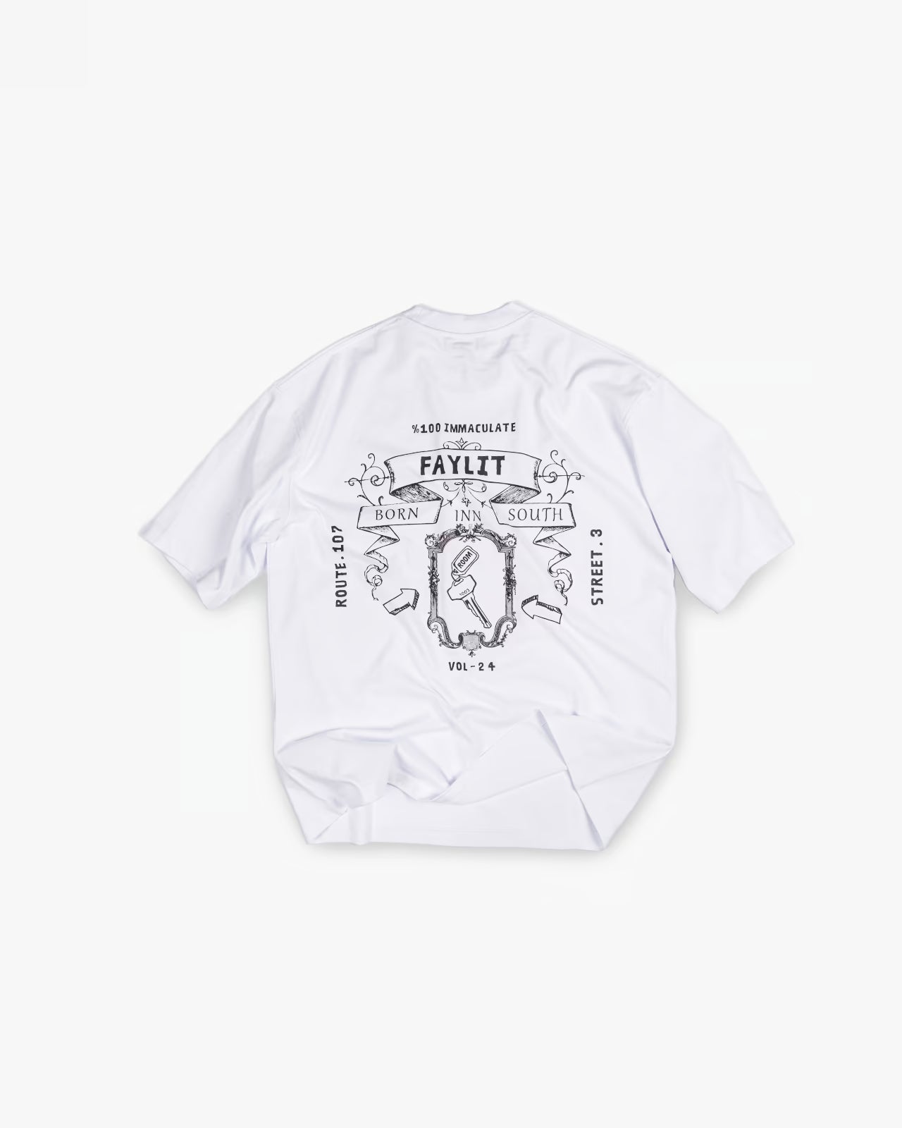 FAYLIT beyaz oversize tişört, arka kısmında Born Inn South temalı, detaylı, siyah-beyaz renkte vintage grafik baskı, şık çerçeve ve oklar içeren tasarım, unisex ve rahat kesim, günlük giyim için ideal.