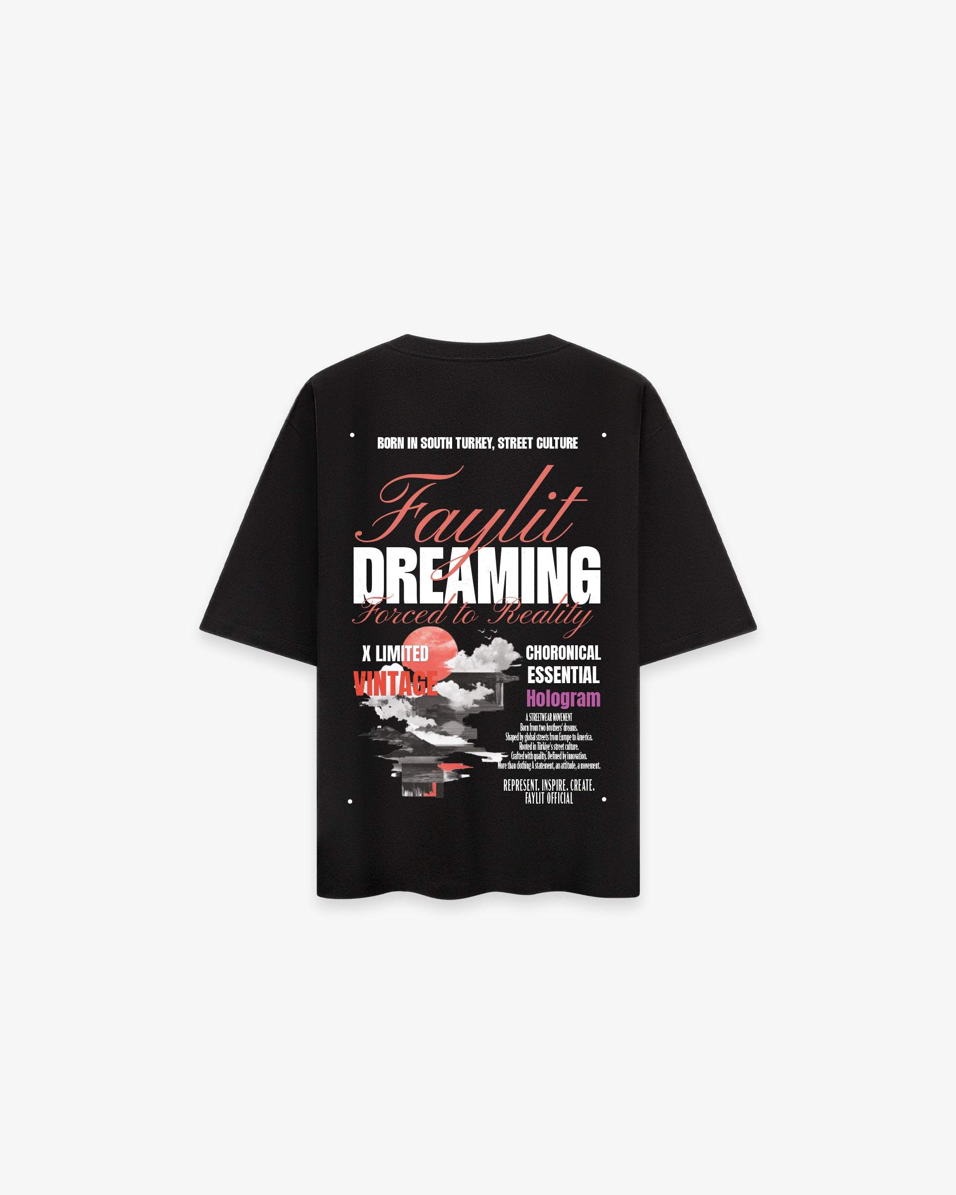 Dreamer Siyah Oversize Tişört - Faylit Faylit'in hikayesini anlatan Dreamer Siyah Oversize Tişört. "Born in South Turkey" ve "Dreaming" temalı katmanlı sırt grafiği. Hayal kurmaya cesaret et.