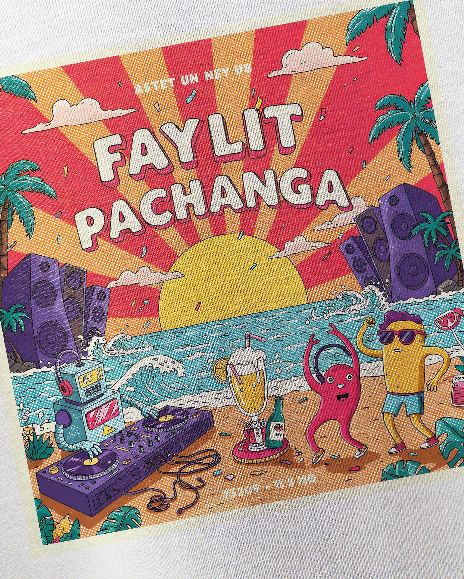 Faylit Pachanga Renkli baskılı premium oversize tişört yakın çekim detayları