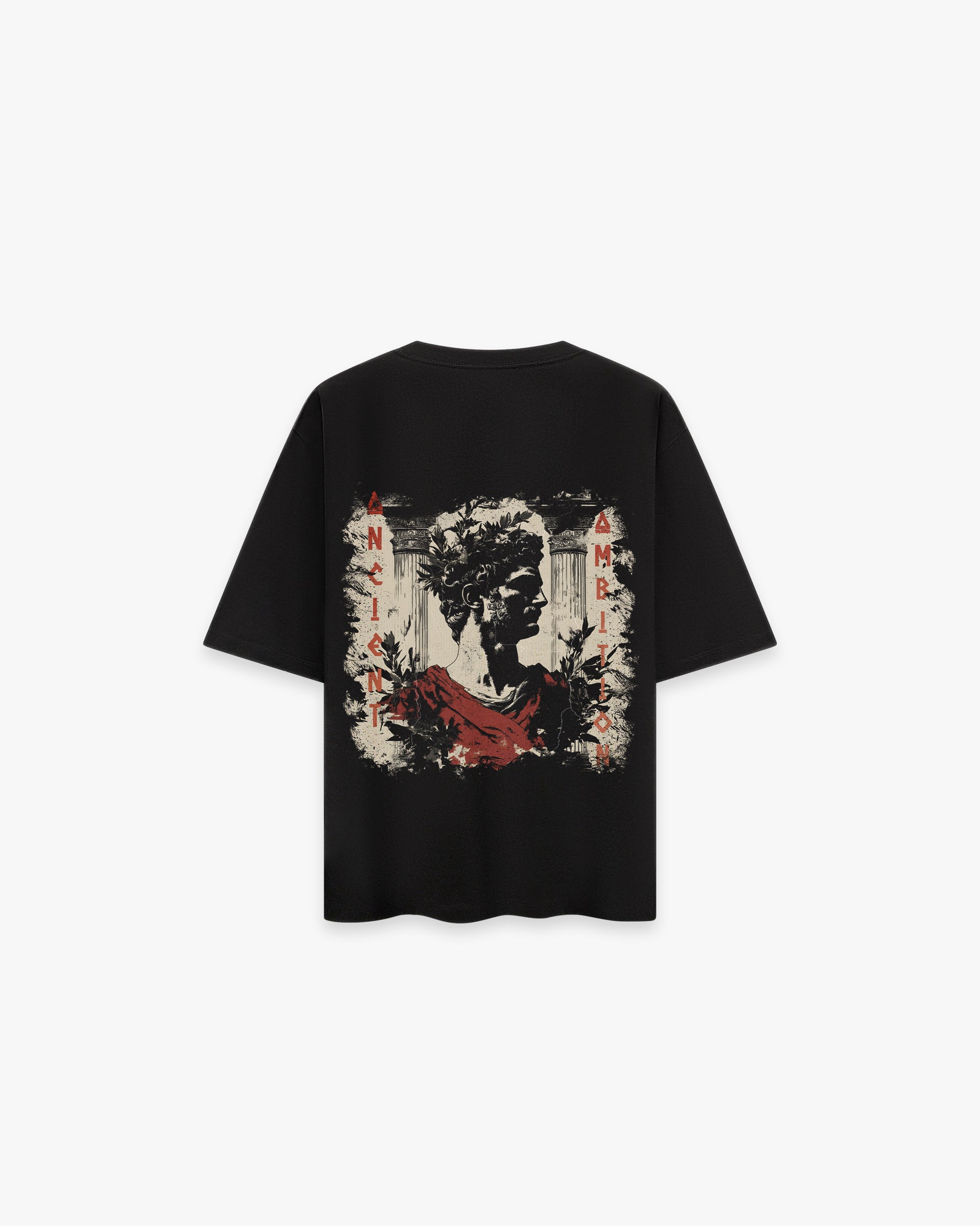 Ancient Ambition Vintage Siyah Oversize Tişört - Unisex siyah oversize tişörtün sırt baskısı. Tasarımda, defne taçlı bir Roma heykeli büstü, kırmızı pelerin detayı ve antik sütunlar yer alıyor. Dikey olarak konumlandırılmış "ANCIENT AMBITION" yazısı ve eskitme (grunge) dokulu çerçeve, klasik ve modern öğeleri birleştiriyor. -  Faylit