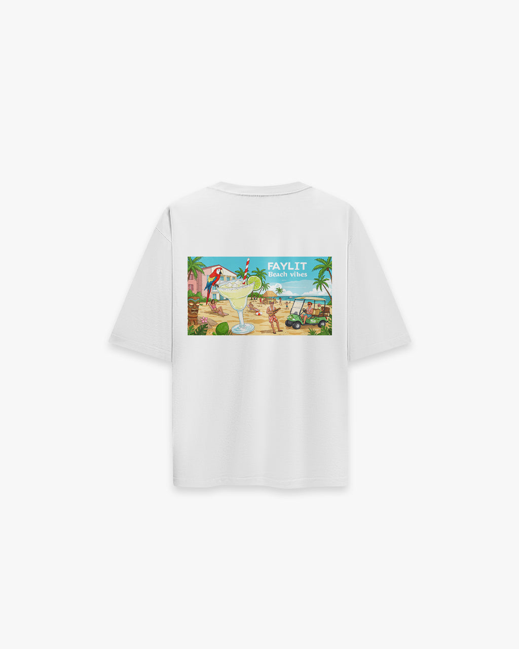 Beach Vibes Optik Beyaz Oversize Tişört Beyaz oversize tişörtün sırt baskısı. Tasarımda, tatil ve plaj temalı, canlı renklerde bir illüstrasyon yer alıyor. Ön planda büyük bir margarita bardağı, arka planda ise palmiyeler, plaj kulübesi, golf arabası ve güneşlenen insanlar gibi detaylar görülüyor. "FAYLIT" ve "beach vibes" yazıları tasarıma eşlik ediyor. -  Faylit