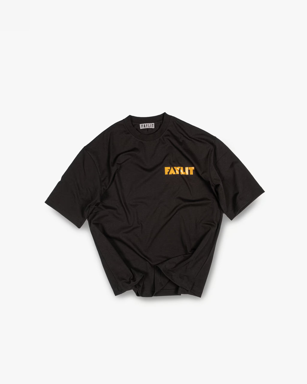 FAYLIT unisex oversize siyah t-shirt, FAYLIT marka yazısı turuncu bal rengi logo, %100 pamuklu, casual günlük giyim, rahat kesim.