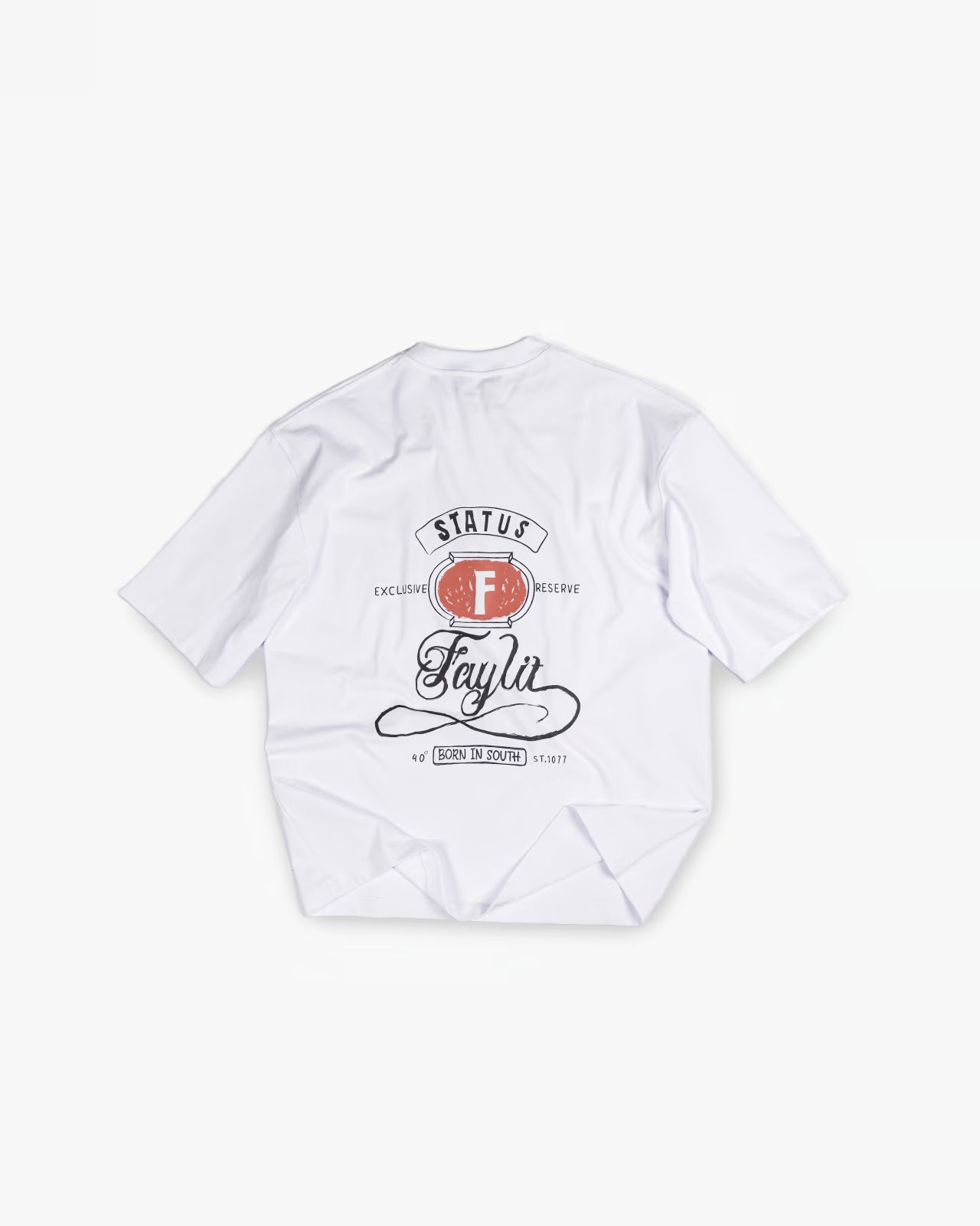 FAYLIT beyaz oversize tişört, arka kısmında el yazılı "FAYLIT" ve "Born in South" yazılı, tuğla rengi oval içerisinde F harfi bulunan vintage etiket tarzı grafik baskı, boxy fit kesim, unisex ve rahat.
