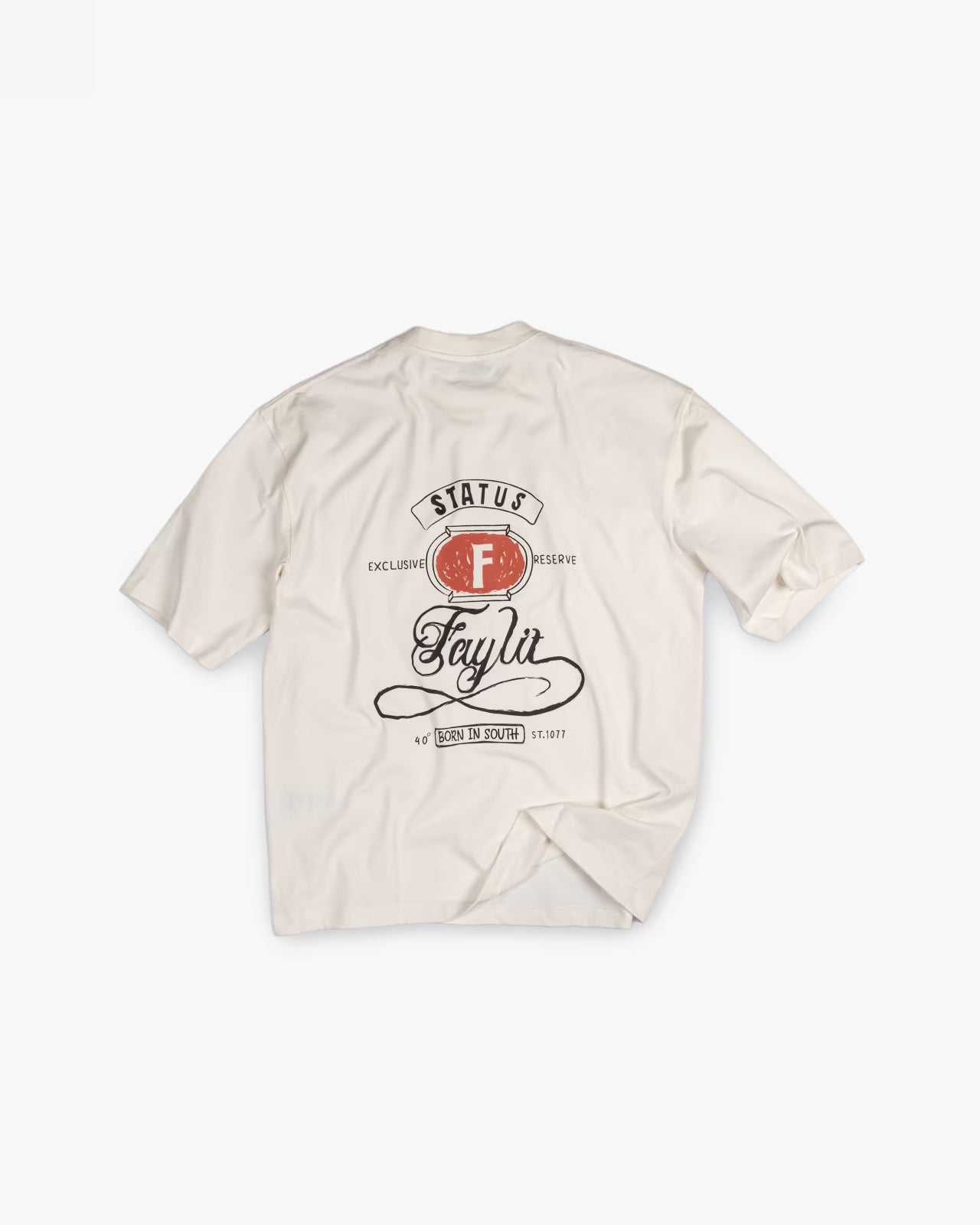 FAYLIT Off White oversize tişört, arka kısmında el ile yazılmış çizim tipografik tasarım, "Faylit" ve "Born in South" yazıları, tuğla rengi oval içinde F harfi ve "STATUS" detayları içeren vintage grafik baskı, unisex ve rahat kalıp.