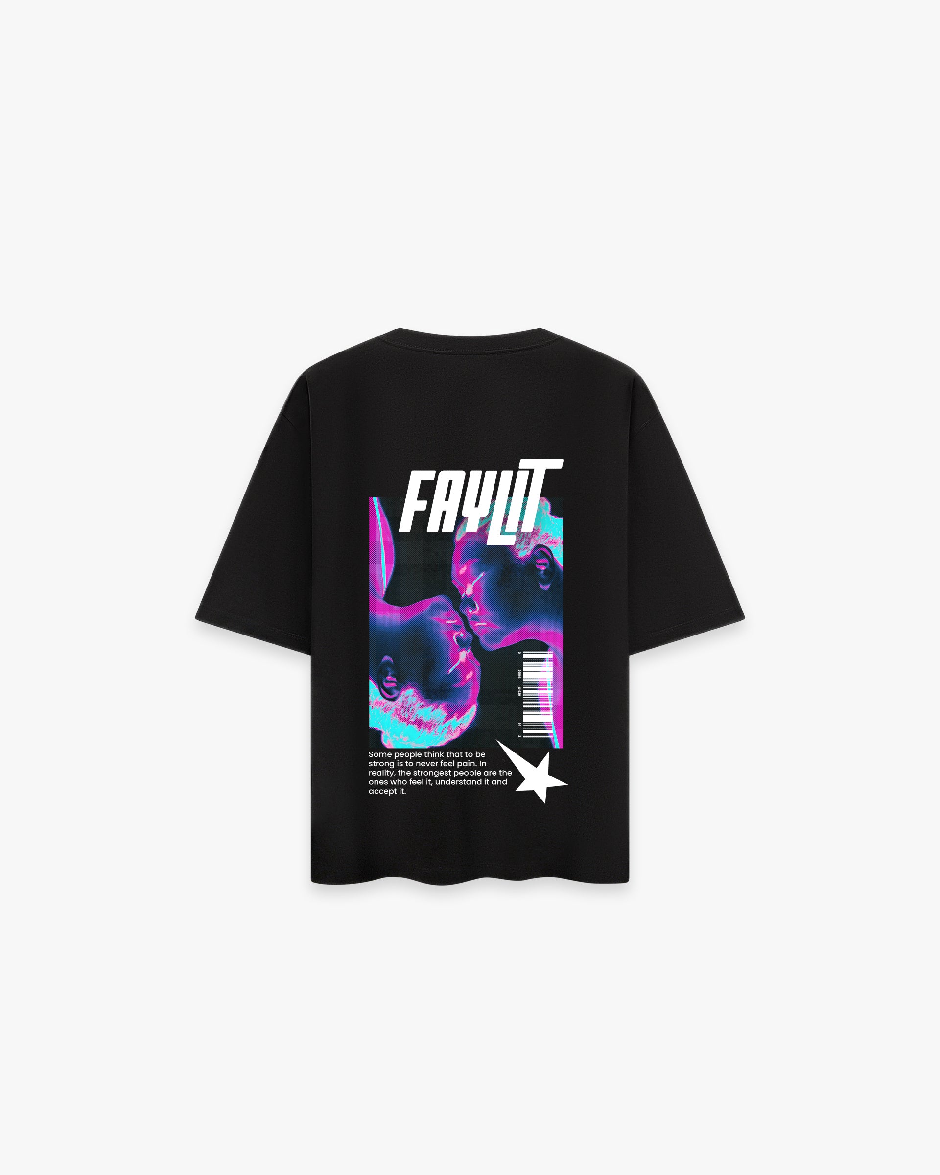 Muted Romance Siyah Oversize Tişört - Unisex tasarımlı siyah oversize tişörtün sırt baskısı. Siberpunk estetiğinde, neon pembe ve mavi tonlarında iki tavşan figürü yer alıyor. "FAYLIT" yazısı, barkod ve yıldız gibi modern grafik detaylar, her cinsiyete uygun bu sokak stili tasarımını tamamlıyor.-  Faylit