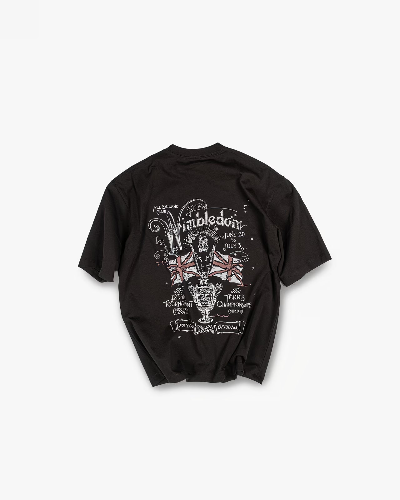 FAYLIT siyah vintage kışlık tişört, sırtında Wimbledon temalı detaylı grafik baskı, kupa, Birleşik Krallık bayrağı, tenis turnuvası bilgileri içeren tasarım, oversize kalıp, unisex.