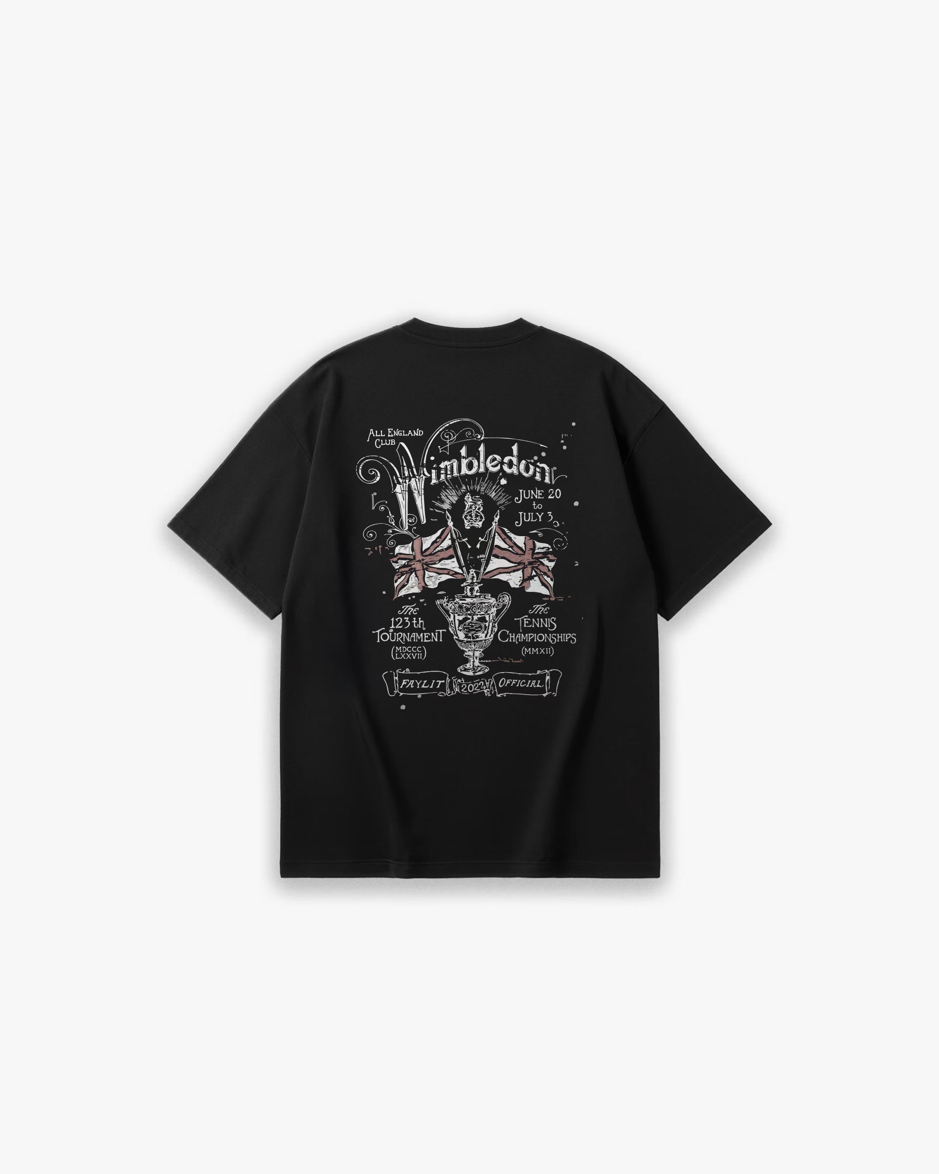 FAYLIT siyah vintage kışlık tişört, sırtında Wimbledon temalı detaylı grafik baskı, kupa, Birleşik Krallık bayrağı, tenis turnuvası bilgileri içeren tasarım, oversize kalıp, unisex.