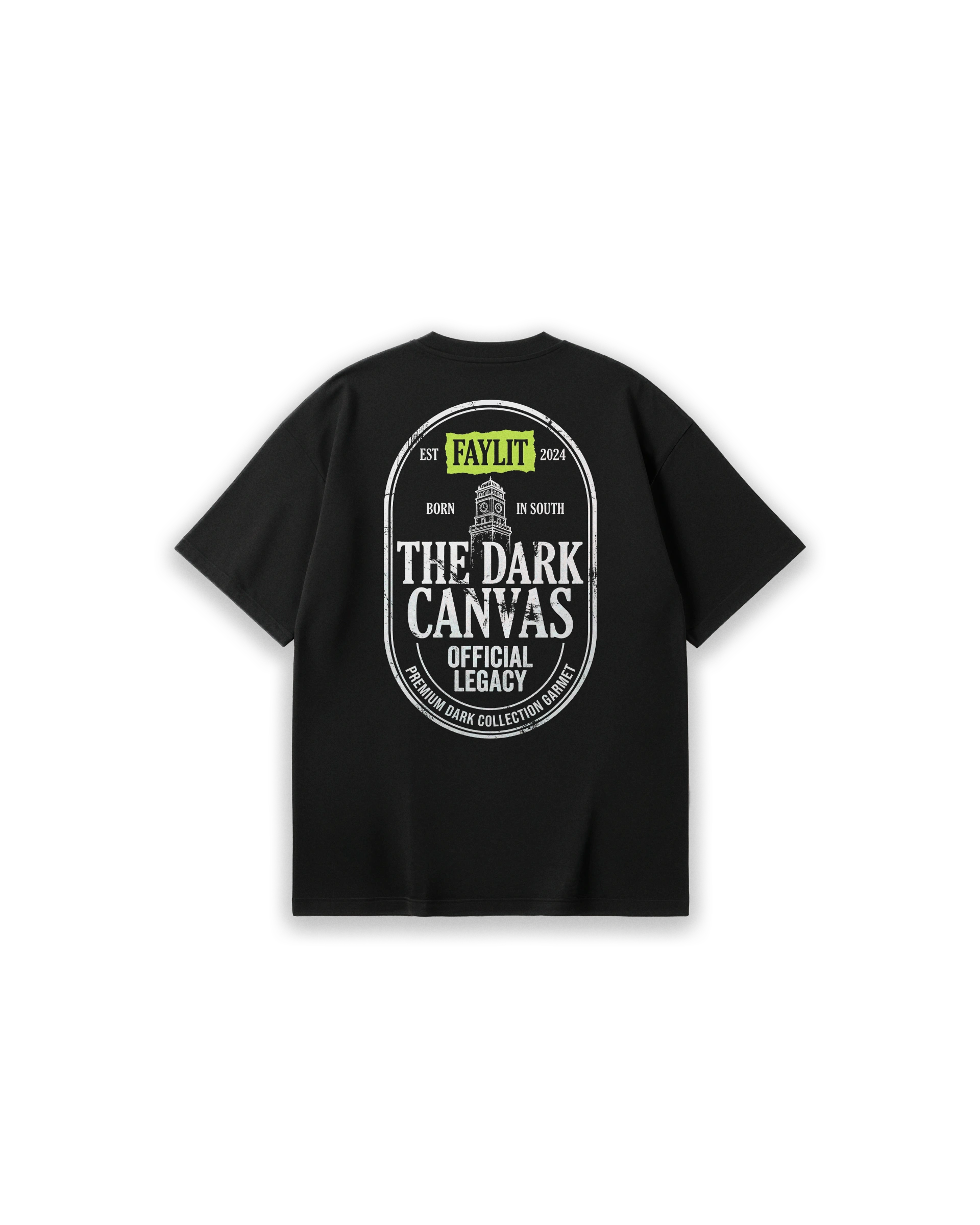 Faylit marka siyah oversize tişörtün arka yüzündeki 'The Citadel' temalı grafik baskı tasarımı. Tasarımın en üstünde dikkat çekici neon yeşil bir dikdörtgen zemin üzerinde siyah 'FAYLIT' logosu yer alıyor. Oval bir çerçeve içerisine yerleştirilmiş detaylı kule (citadel) illüstrasyonu, büyük beyaz puntolarla yazılmış 'THE DARK CANVAS' ve 'OFFICIAL LEGACY' ibareleri ile çevrelenmiş. Grunge ve eskitme efektli bu tasarım, siyah kumaş üzerinde modern sokak stili ile vintage havasını birleştiriyor.